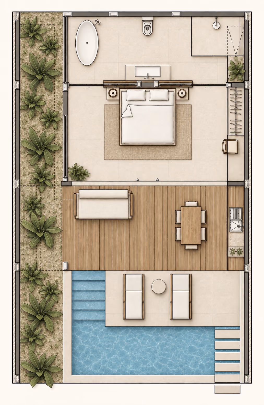 Villa Muara floor plan showing bedroom, bathroom, pool deck and terrace layout