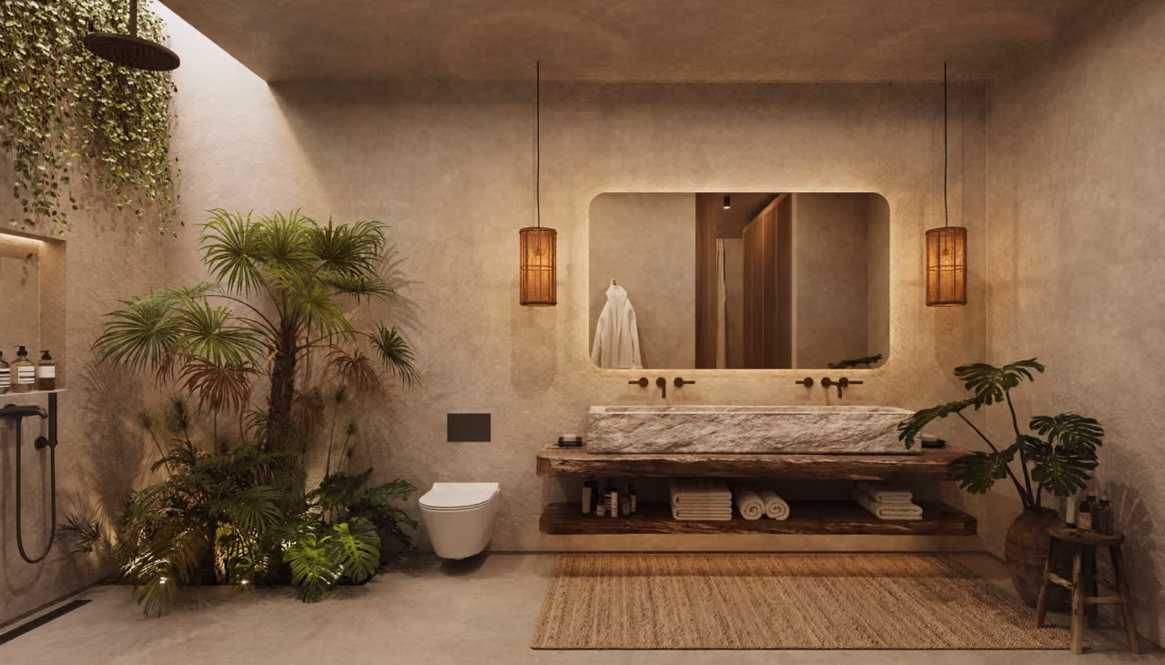 Villa Laga open-air bathroom with tropical plants and stone finishes