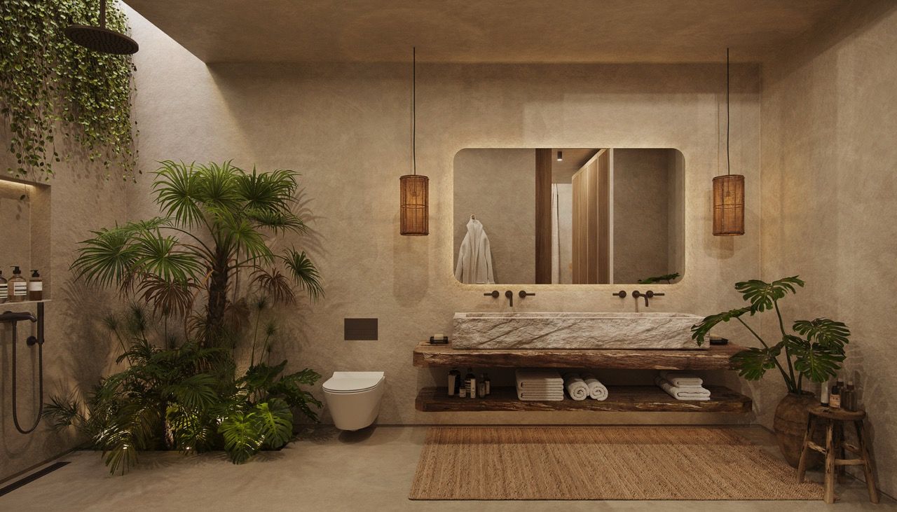Villa Laga open-air bathroom with tropical plants and stone finishes