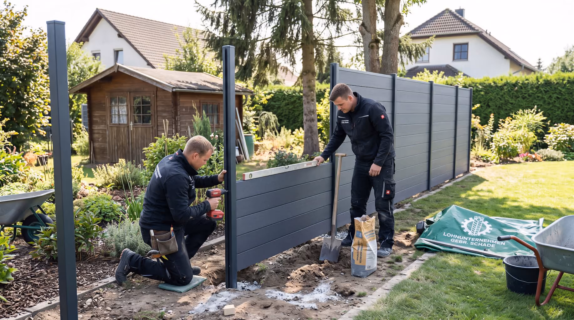 Zwei Gebr. Schade Mitarbeiter montieren einen grauen Gartenzaun in einem sonnigen Vorgarten mit Gartenhaus in Borken (Hessen)