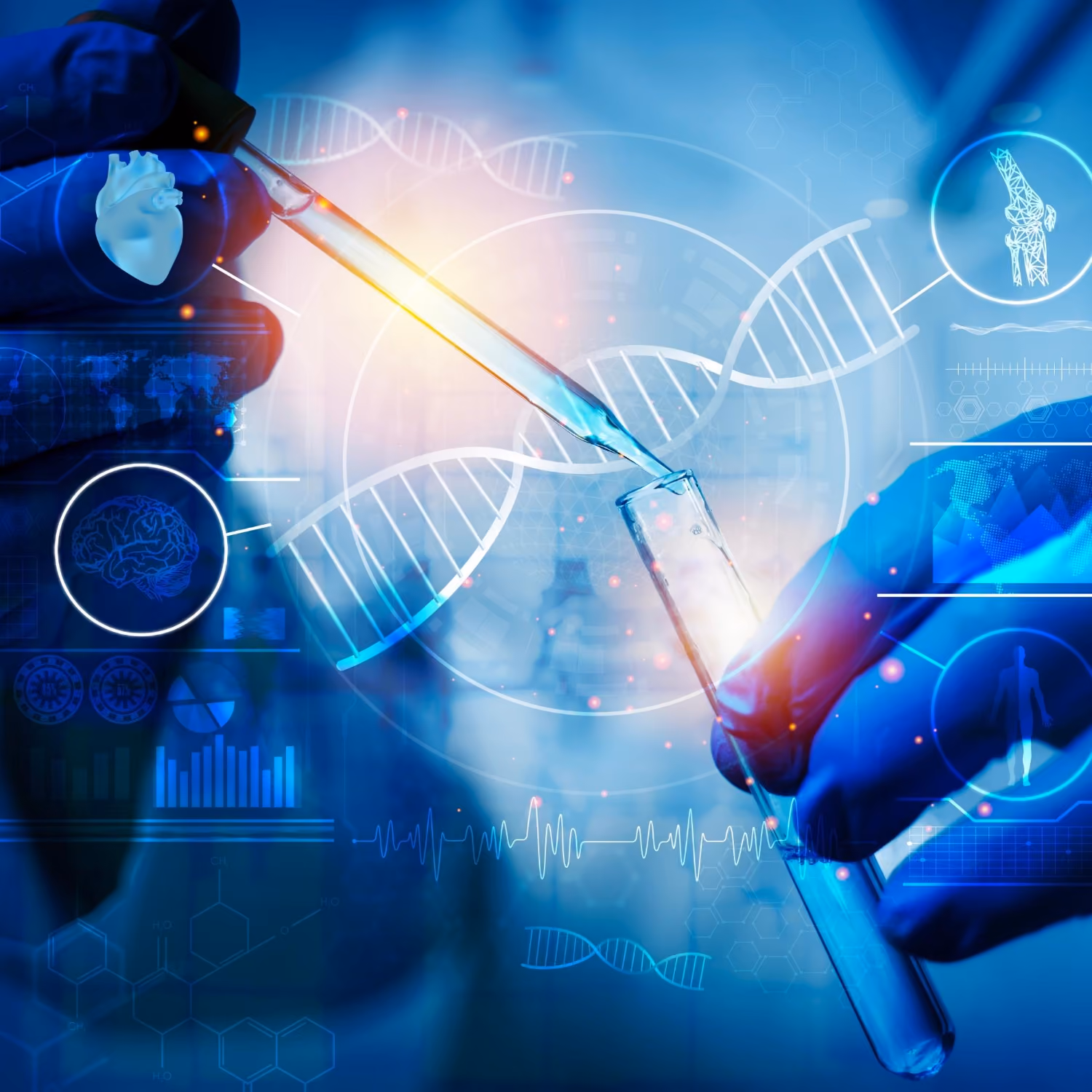 Main tenant une pipette vers un tube à essai sur fond de chaînes d'ADN et icônes médicales.