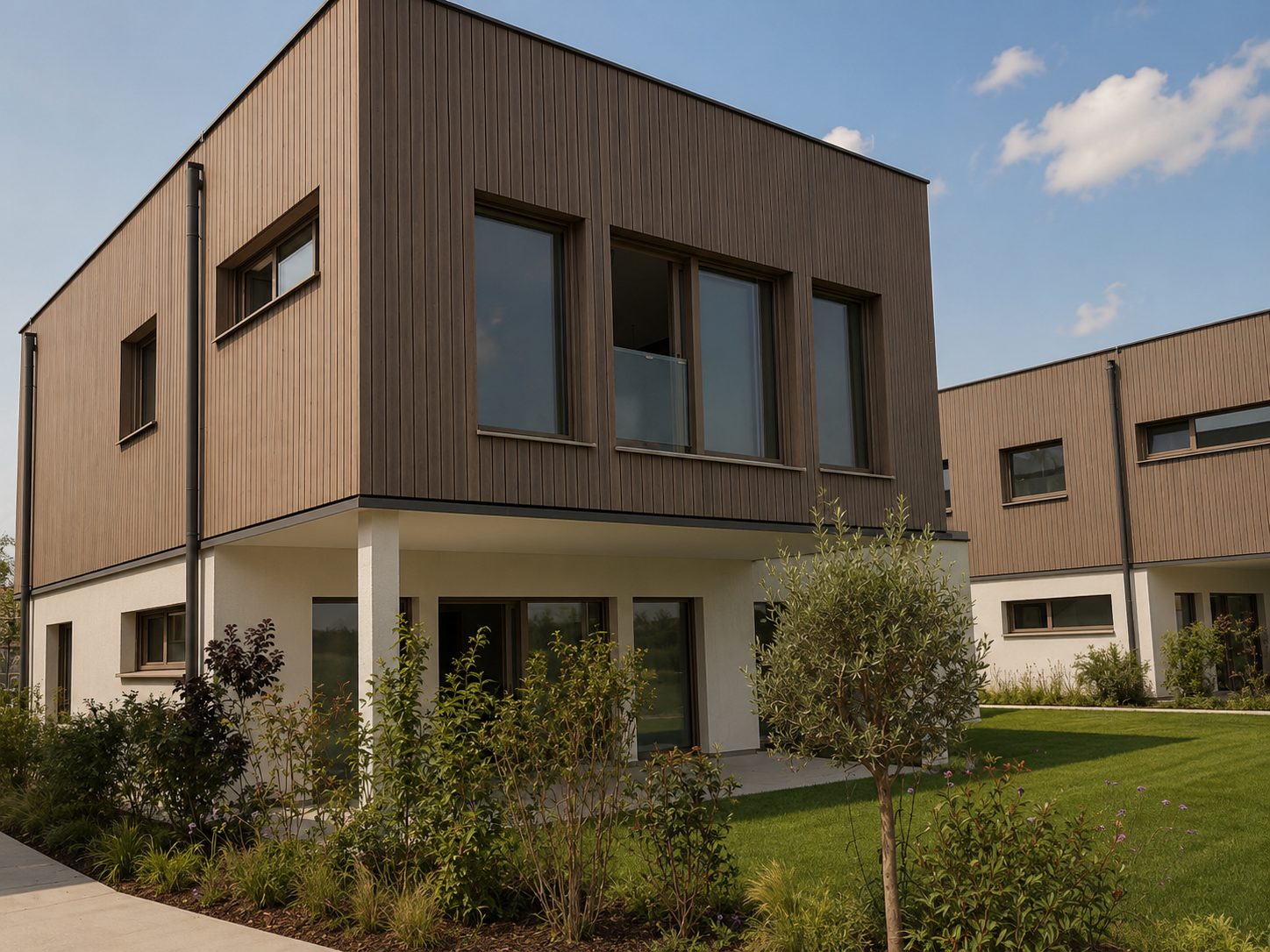 Gartenseite des Gebäudes mit Suite 3 und 4