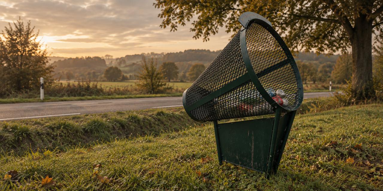 Blikvanger langs een landweg, met uitzicht over de velden bij zonsopkomst