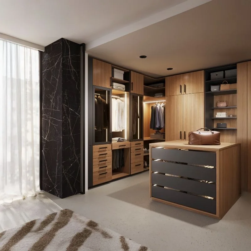 Dressing sur mesure en bois avec îlot central noir et habillage marbre, pouvant être réalisé par So!cozi