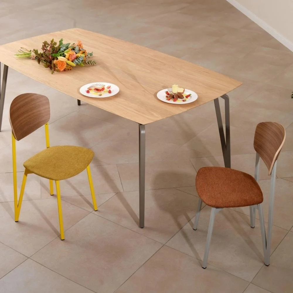 Table rectangulaire en bois avec des pieds en métal, deux chaises aux assises colorées.