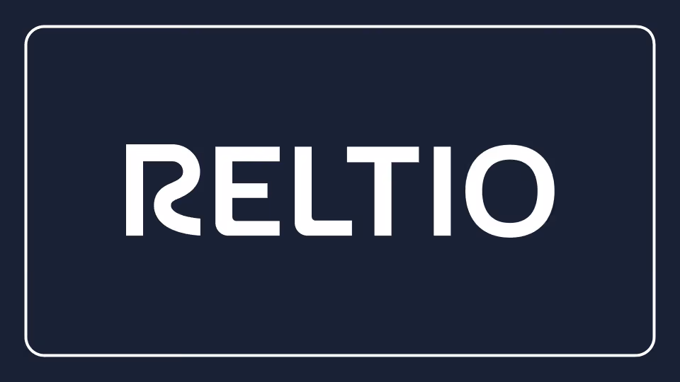 Reltio logo in white text on dark blue background with rounded white border frame.