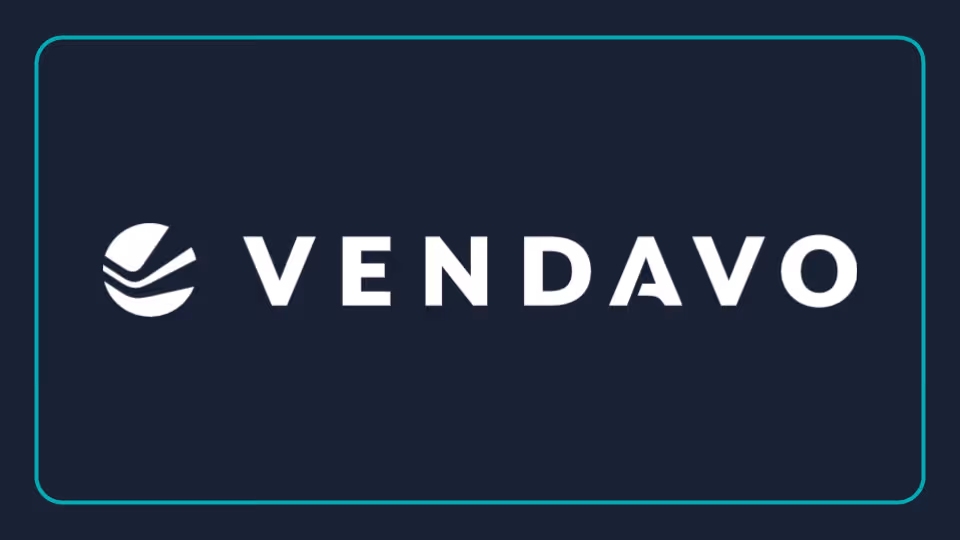 Vendavo logo in white text on dark blue background with rounded white border frame.