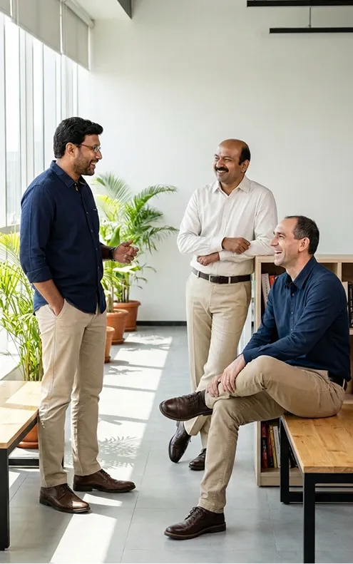 Diverse professional group of men and women smiling in a bright office meeting room.