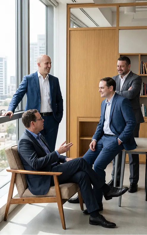 Diverse professional group of men and women smiling in a bright office meeting room.