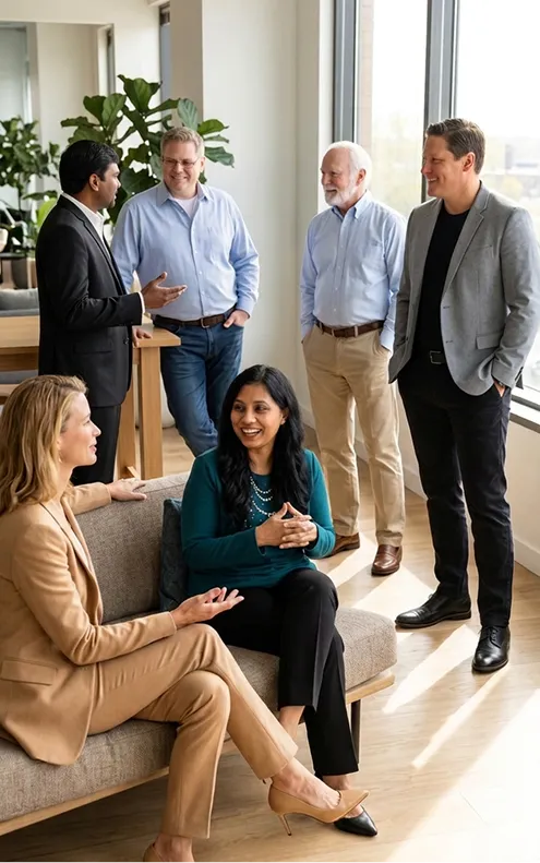 Diverse professional group of men and women smiling in a bright office meeting room.