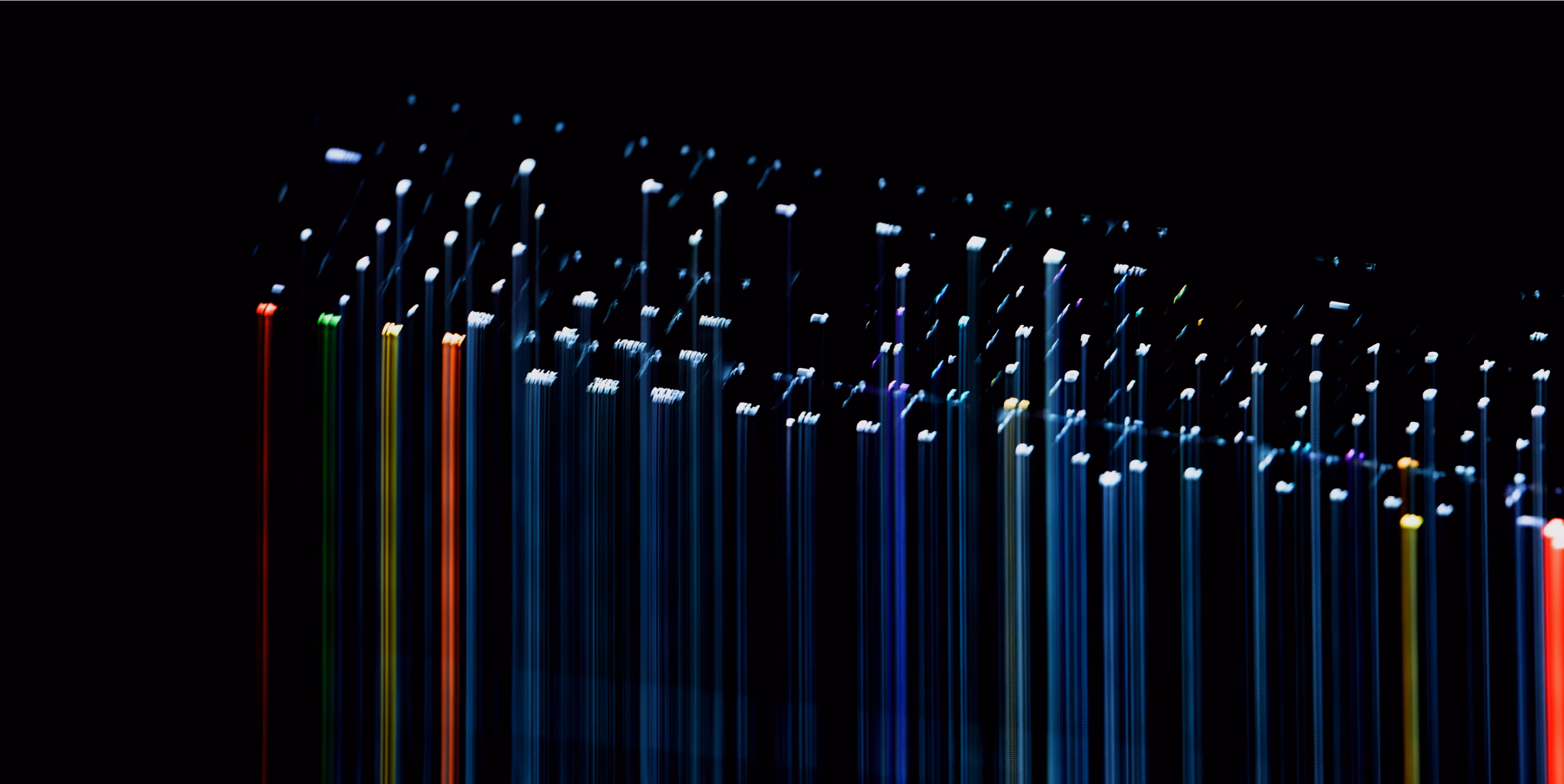 Abstract 3D data visualization with vertical light columns in various colors against a black background.