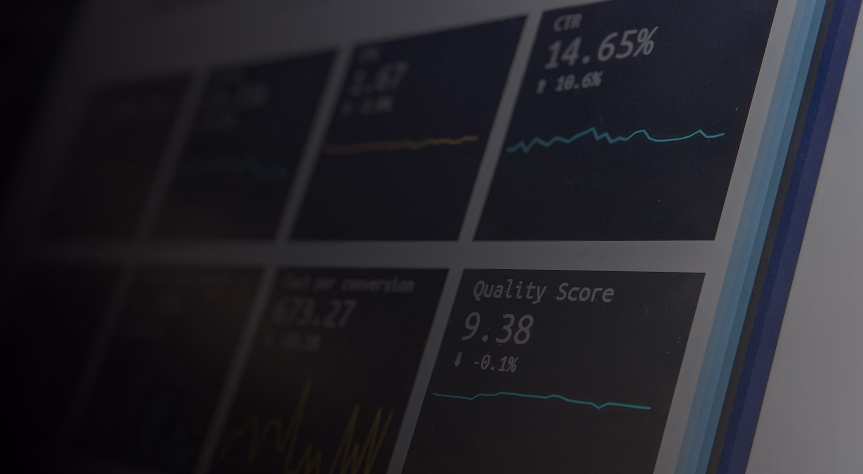 Dashboard screen showing various performance metrics like CTR 14.65% and Quality Score 9.38.