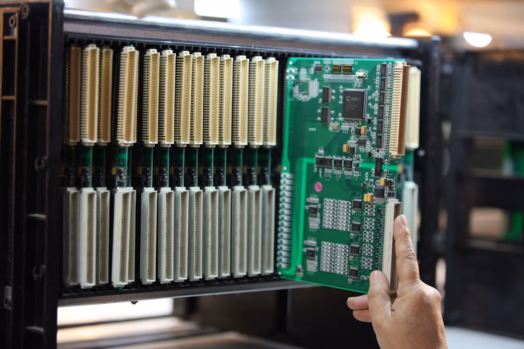 Close-up of server rack hardware and circuit boards representing federal technology infrastructure.