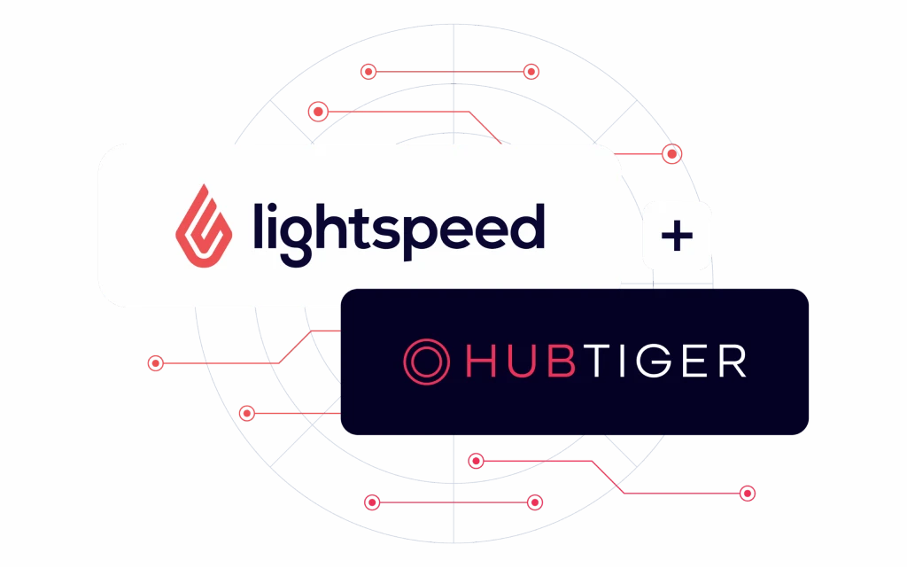 Lightspeed and HubTiger logos on a black background with red circuit lines.