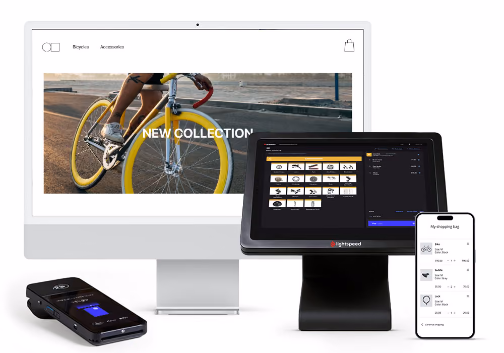 Desktop, tablet, smartphone, and card reader showing a bike e-commerce and checkout interface.
