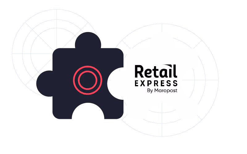 Retail Express by Maropost logo with target and gear design elements in black and red.