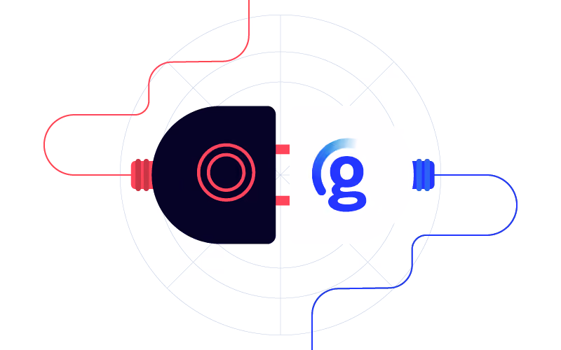 Abstract design of two connected plugs with wires forming a circle around a stylized letter g.