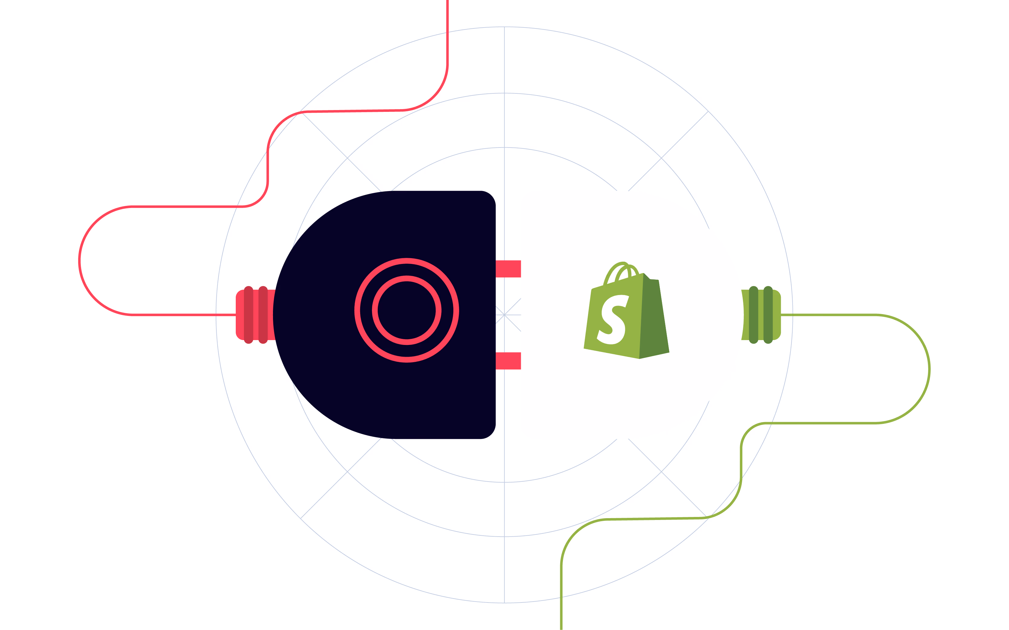 Graphic showing a plug with red wires connected to Shopify green shopping bag icon with green wires.