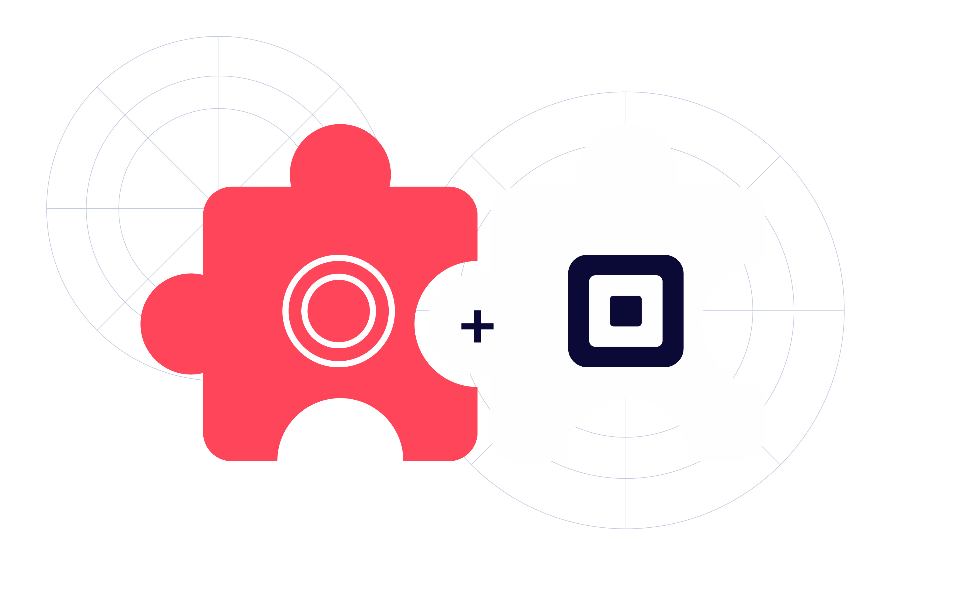 Red puzzle piece with concentric circles plus black square logo with a smaller square inside on radar-like backgrounds.