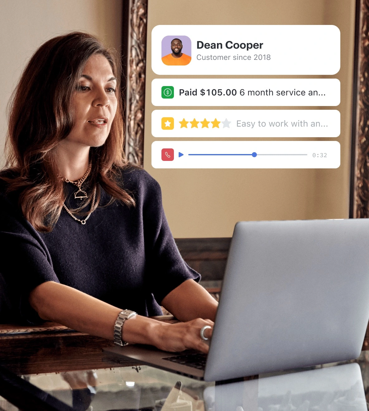 Woman using laptop with overlay showing customer review, payment, rating stars, and audio message.