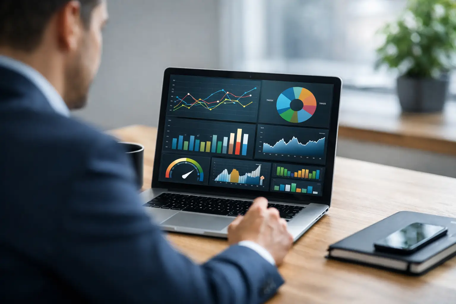 Business owner reviewing KPI dashboard showing key performance indicators and company performance metrics.