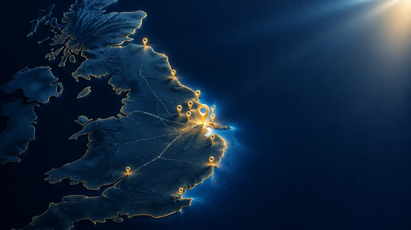 Illustrated map of the UK east coast with gold pins marking local service businesses around Grimsby and the Humber.