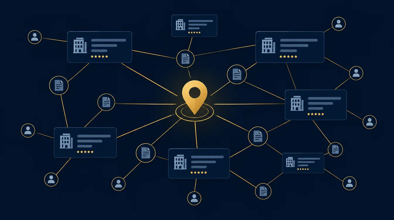Network diagram of business directory listings connected to a central location pin