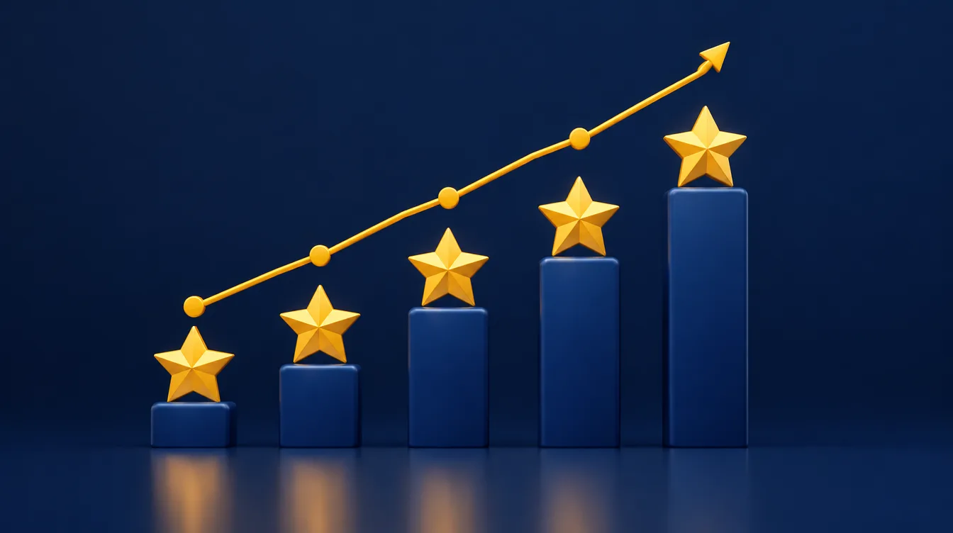 Gold star ratings rising like a bar chart with an upward trend line