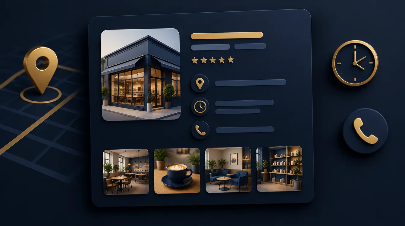 Illustration of a Google Business Profile card with photos, opening hours, phone and star rating