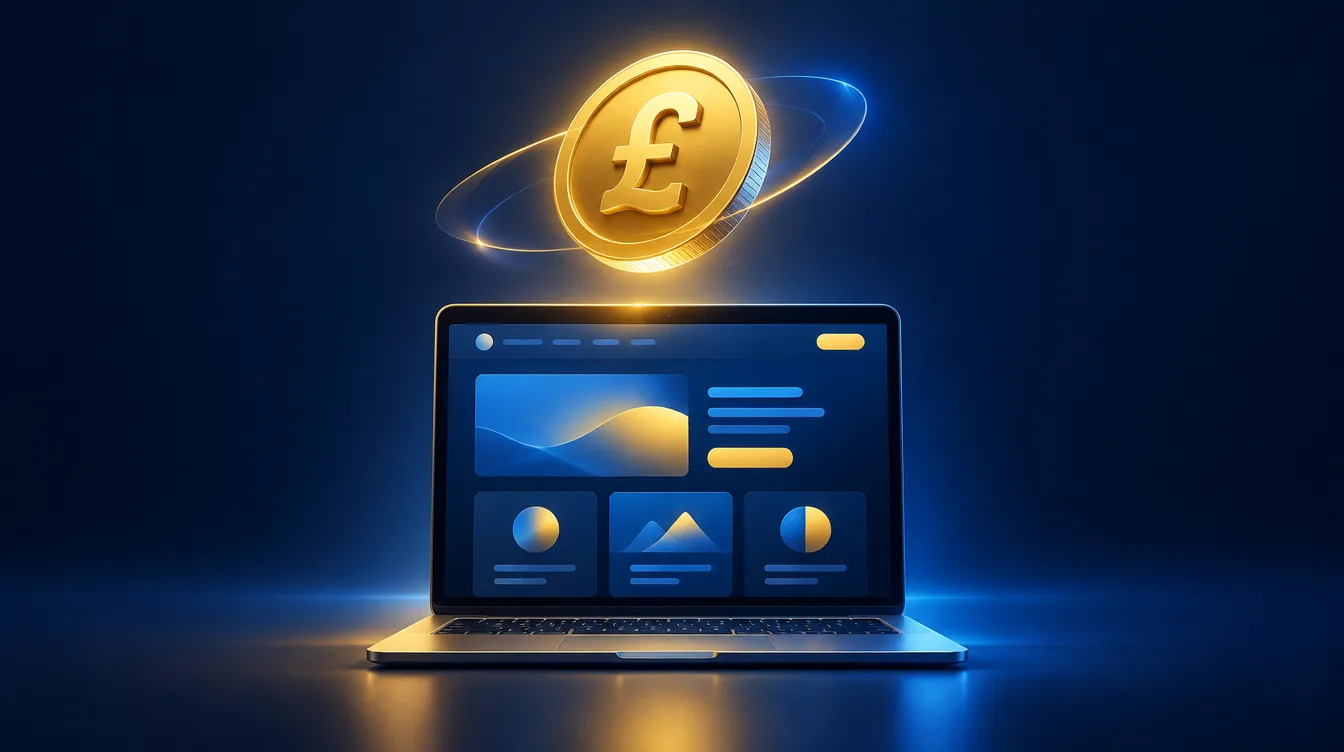 Gold pound coin hovering above a laptop showing a website layout, representing the cost of a website.
