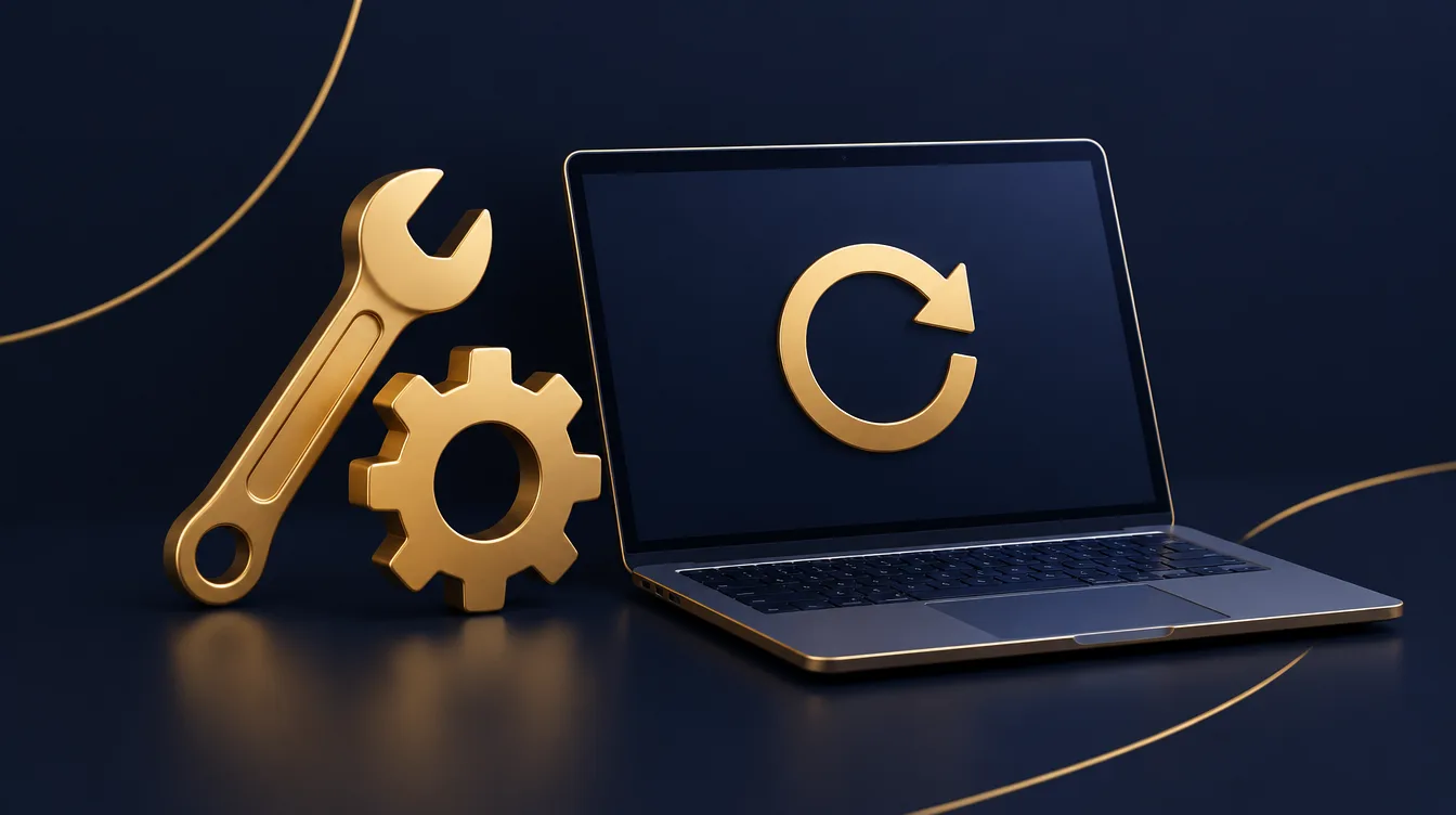 Gold wrench and gear beside a laptop with a refresh arrow representing website maintenance