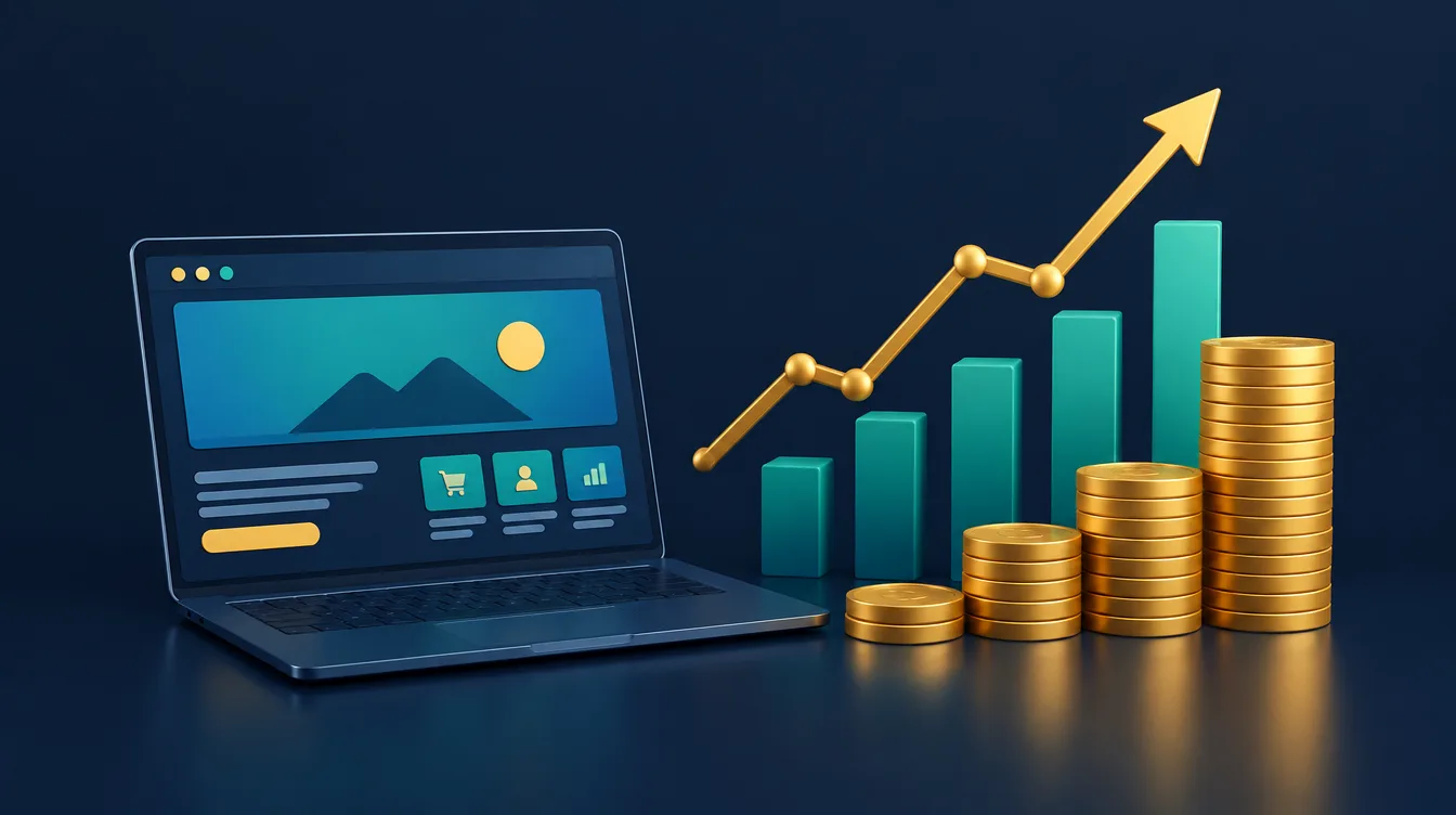 Laptop beside a rising line chart and stacks of gold coins showing return on a website investment