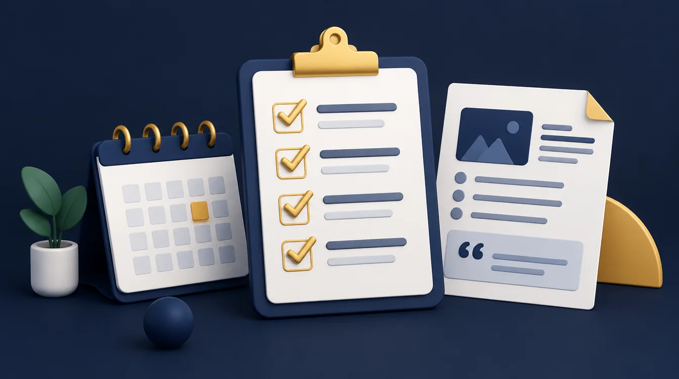 Clipboard checklist with gold ticks beside a calendar and a quote document for planning a website project