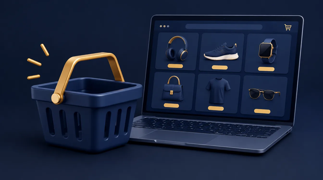 How much does a website cost UK: shopping basket beside a laptop showing a grid of products, representing an ecommerce website
