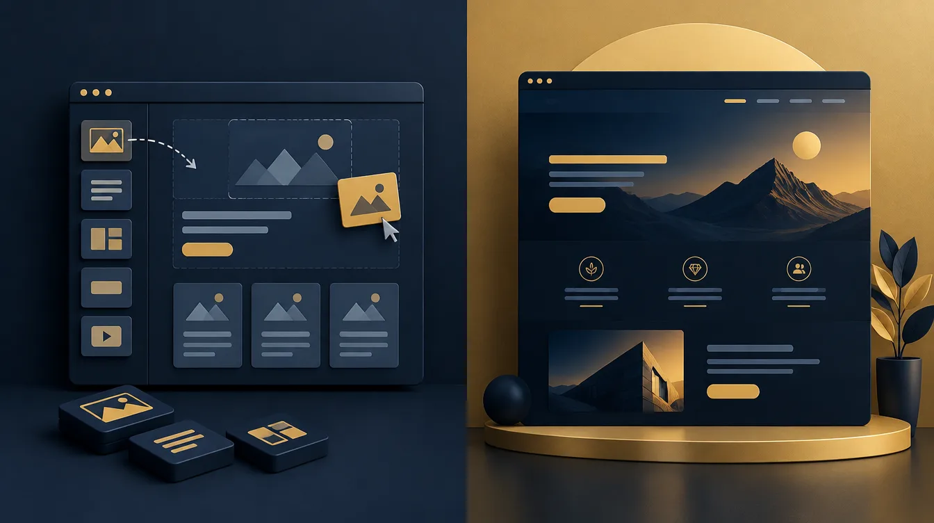 How much does a website cost UK: split illustration comparing a simple drag-and-drop website builder with a custom-designed website
