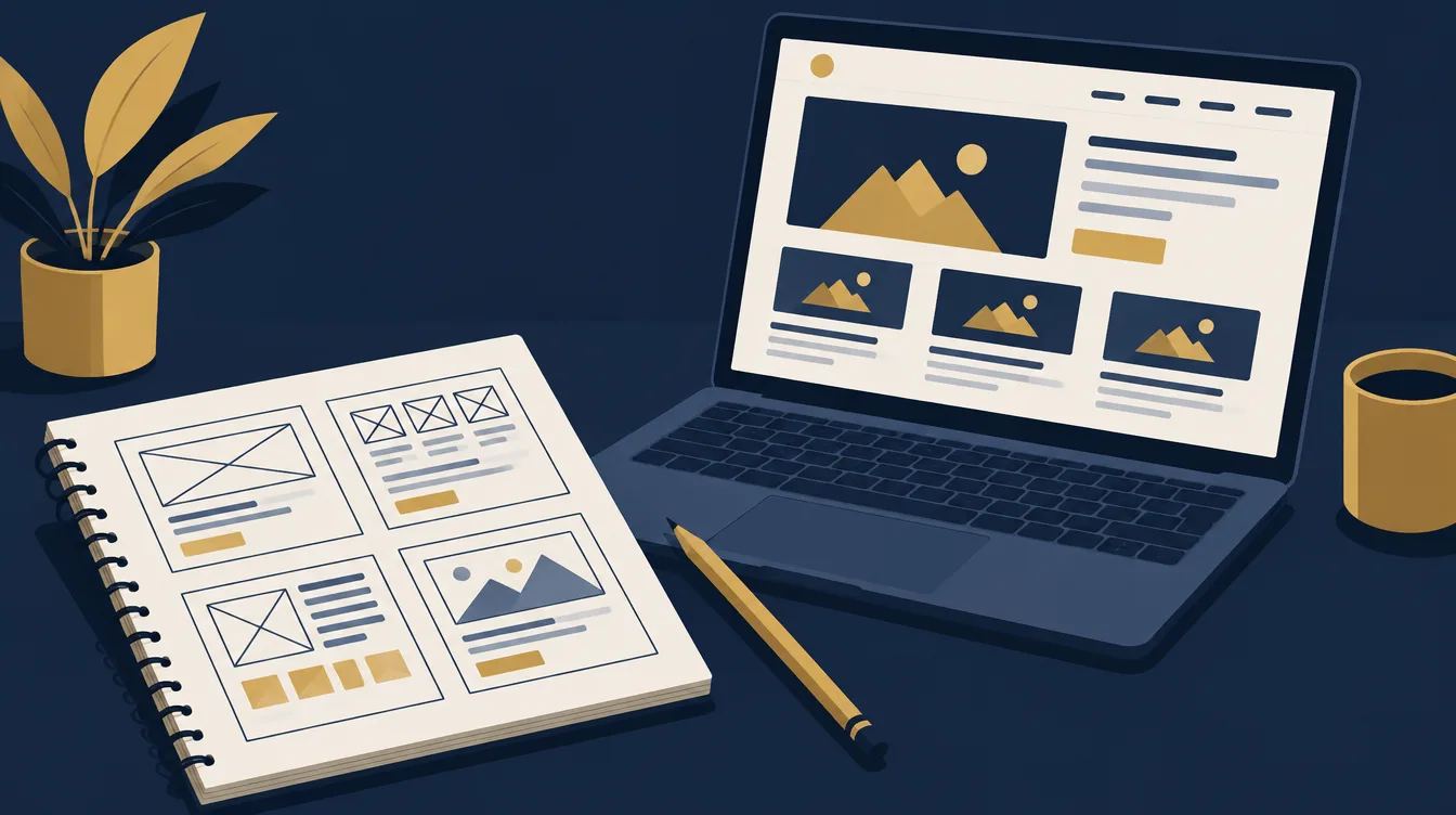 How much does a website cost UK: notebook with page layout sketches beside a laptop showing content blocks for website content planning