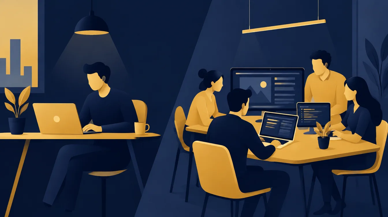 Illustration of a freelancer with a laptop beside a small agency team working at a shared table