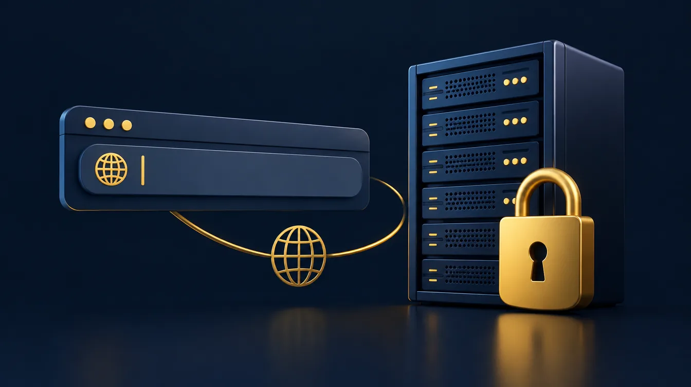 Browser address bar and a server rack with a gold padlock representing domain names and hosting