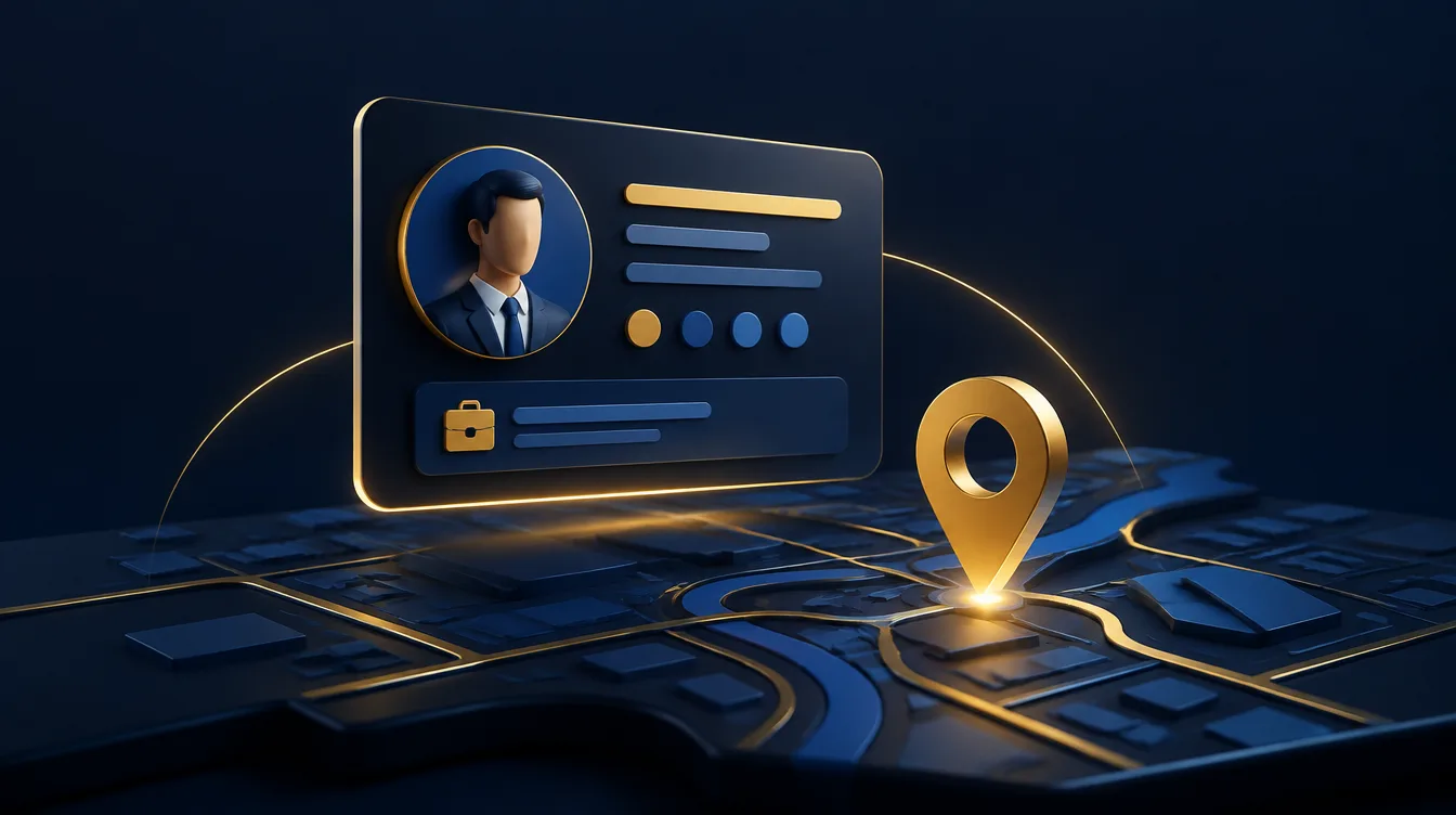Illustrated business profile card above a map with a gold location pin, representing a Google Business Profile.