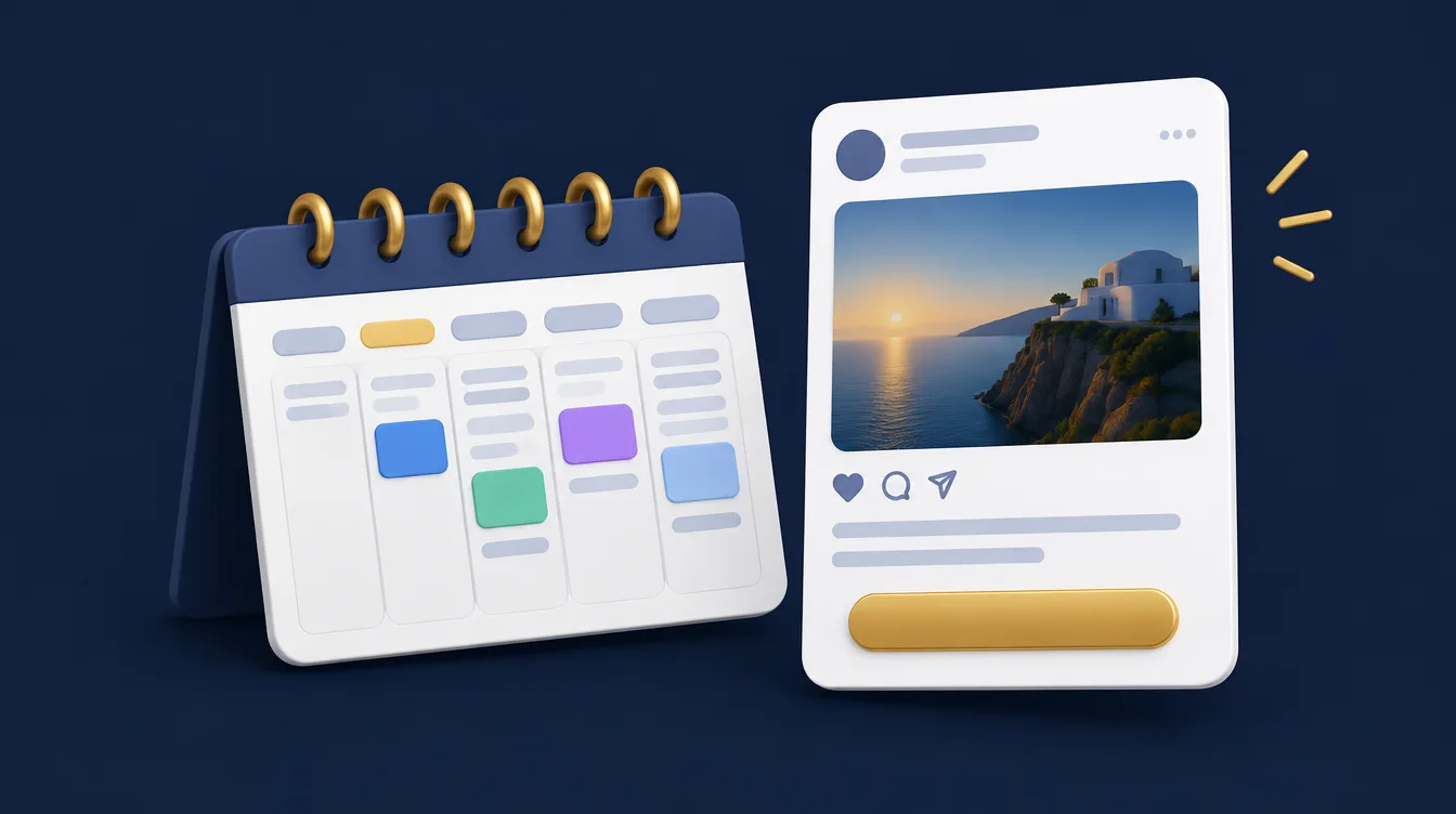 Weekly calendar beside an update card with an image and a gold call-to-action button