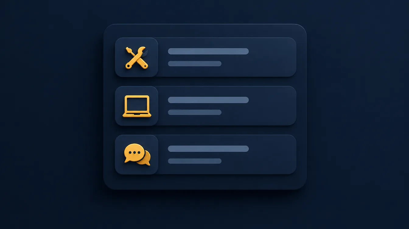 Services list on a dark interface card with gold icons and short description bars