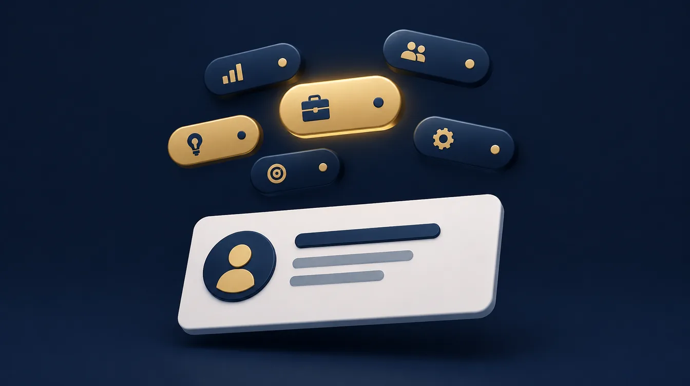 Gold and navy category tags floating above a business profile card, one highlighted as primary