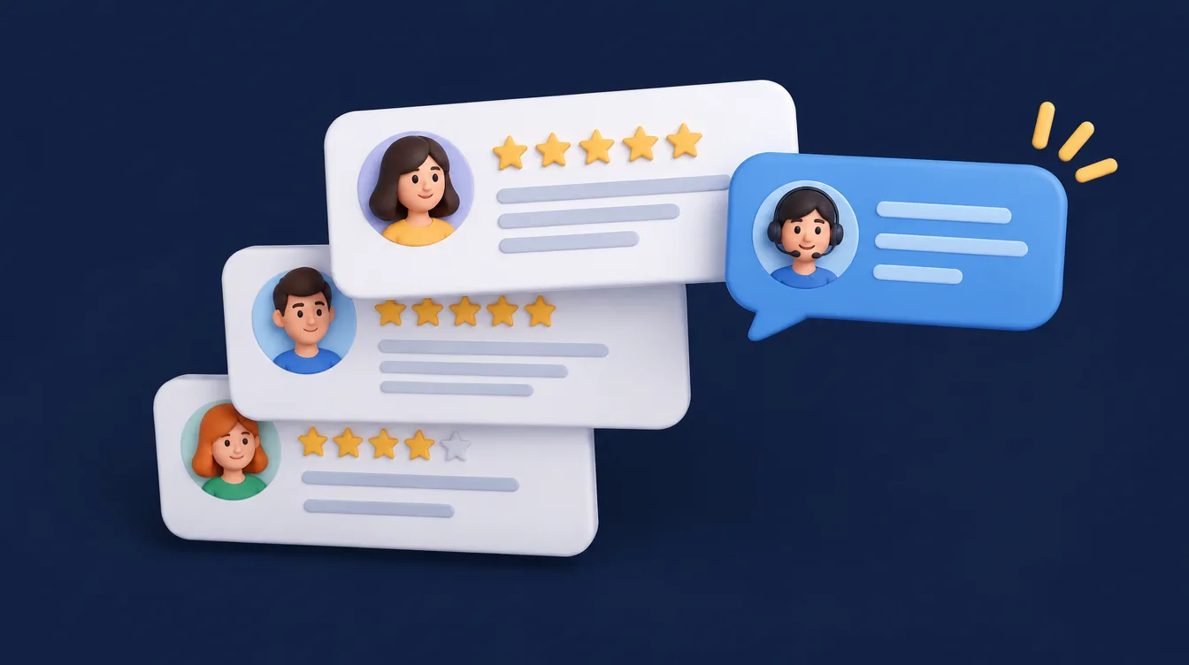 Customer review cards with gold star ratings and a friendly reply bubble
