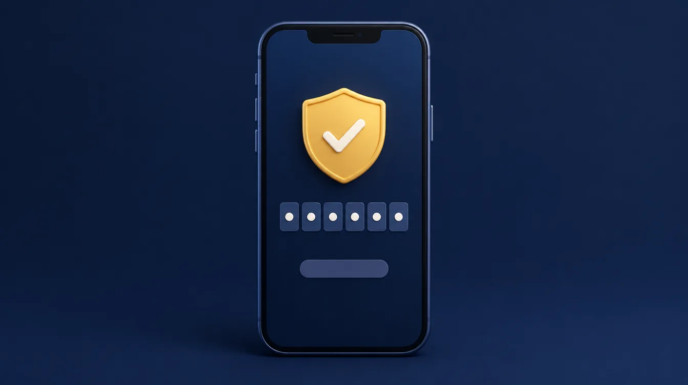 Smartphone showing a verification code screen with a gold shield and tick