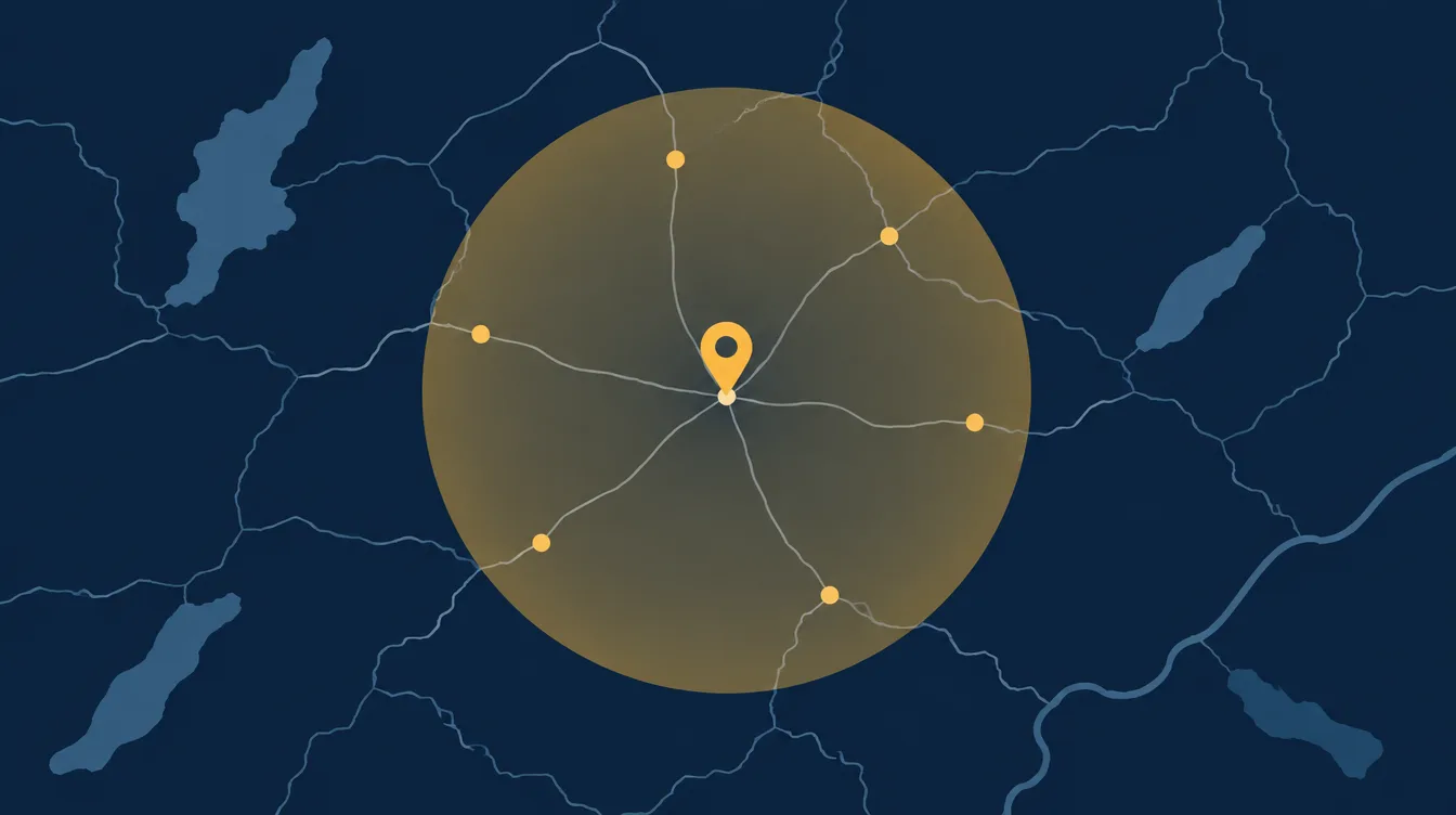 Map with a large gold shaded service area circle covering several towns around a central pin