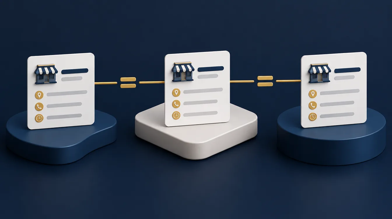 Three matching business listing cards on different platforms connected by gold lines and equals signs