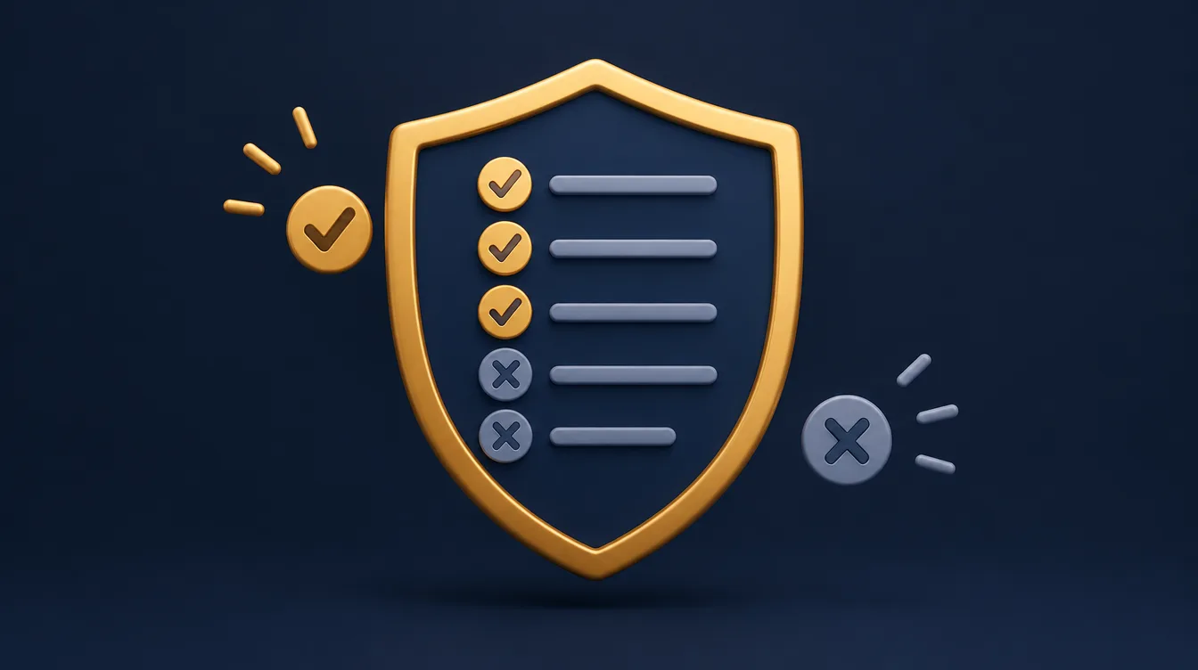 Shield-shaped rules checklist with gold ticks and a few crosses for do and do not guidelines