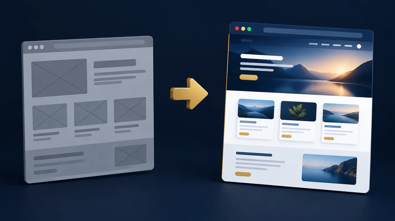 Old website wireframe transforming into a refined new website with a gold arrow between them.