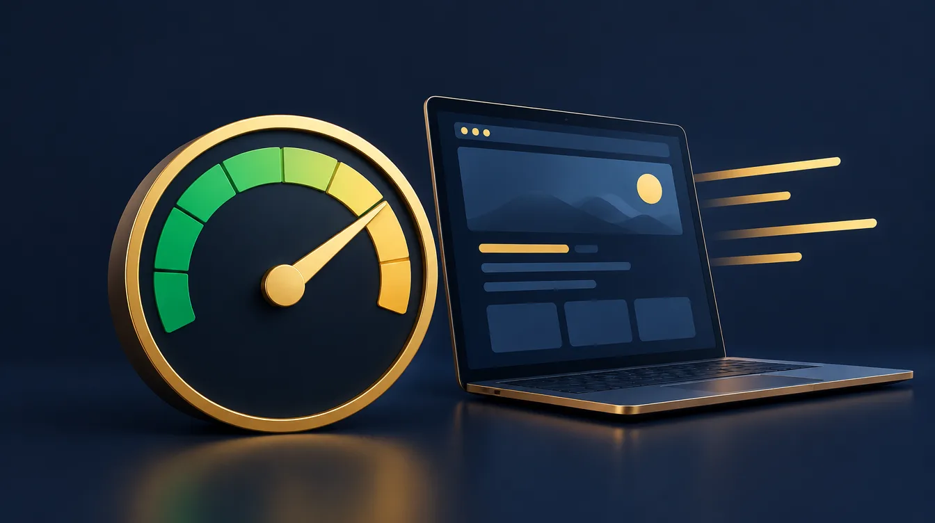 Redesign website without losing SEO: speed gauge dial in the gold-green zone beside a laptop representing site speed
