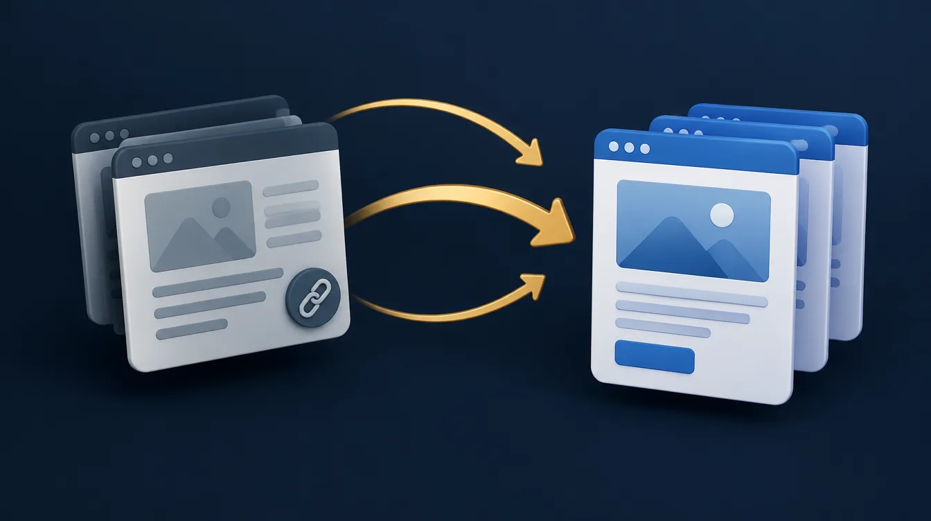 Redesign website without losing SEO: old page links redirecting to new page cards with curved gold arrows